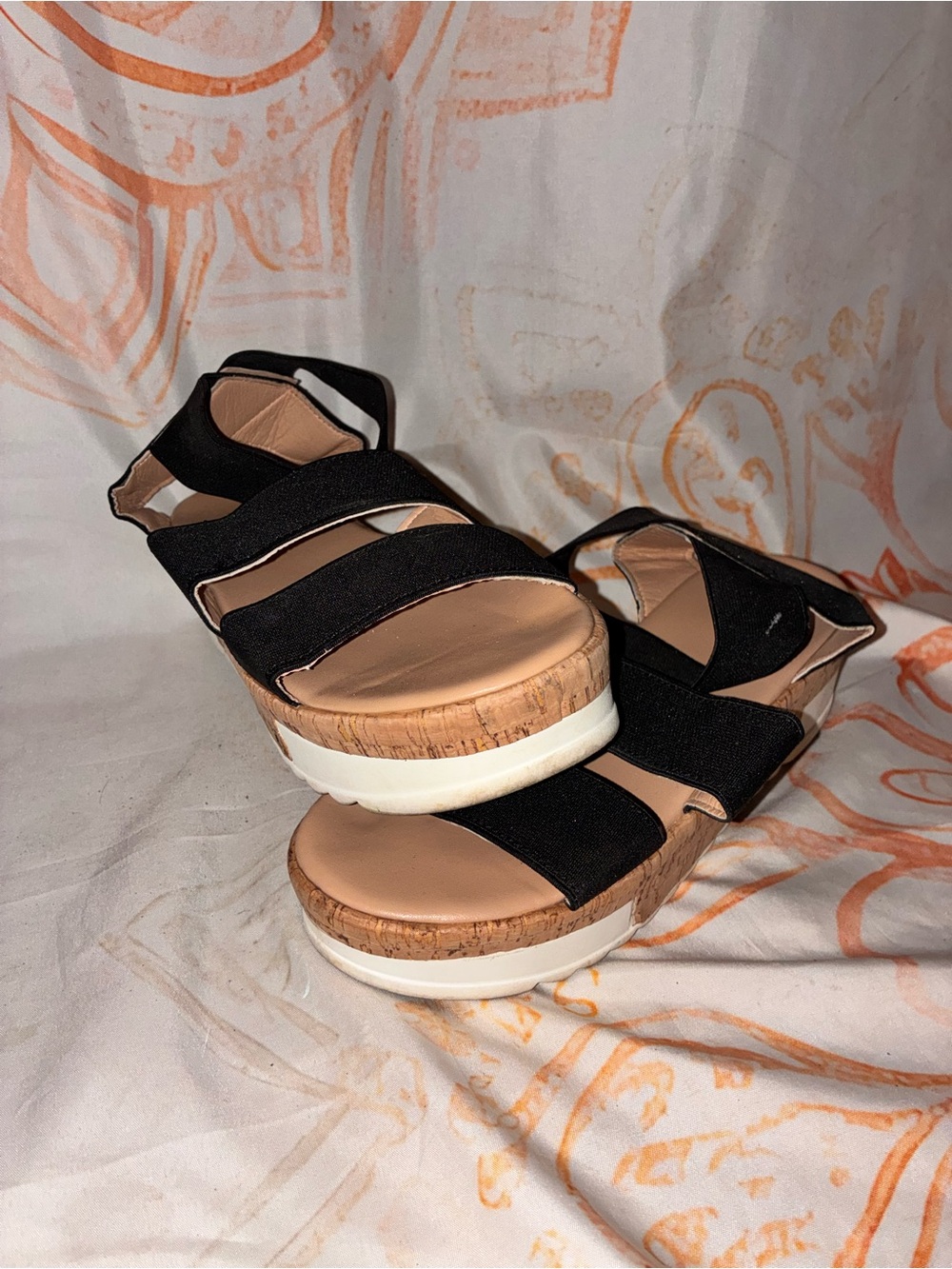 Women’s Black Elastic Strap Cork Wedge Sandals